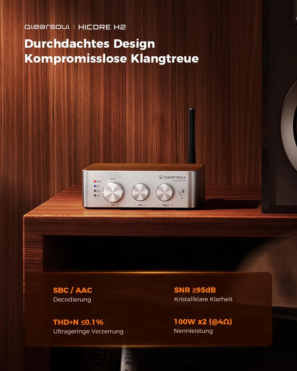 Qlearsoul HiCore H2 Bluetooth 5.4 HiFi-Stereo-Verstärker — TI TPA3255 Klasse D, 100 W x2 (@ 4Ω) Nennausgang, Anti-Hijack BT-Modus, RCA/AUX/BT 3-Eingangs-Hub für passive Lautsprecher, inklusive 30V