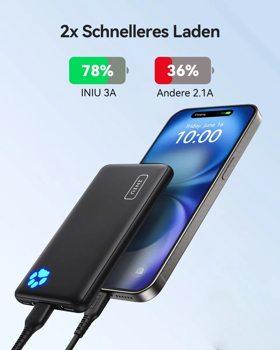 INIU Power Bank, Ultra Slim 10000mAh Powerbank Klein Aber Stark, USB C Input & Output, Externe Handyakkus Triple 3A with Flashlight, Kompatibel mit iPhone 17 16 15 14 13 12 Pro Max Samsung Huawei