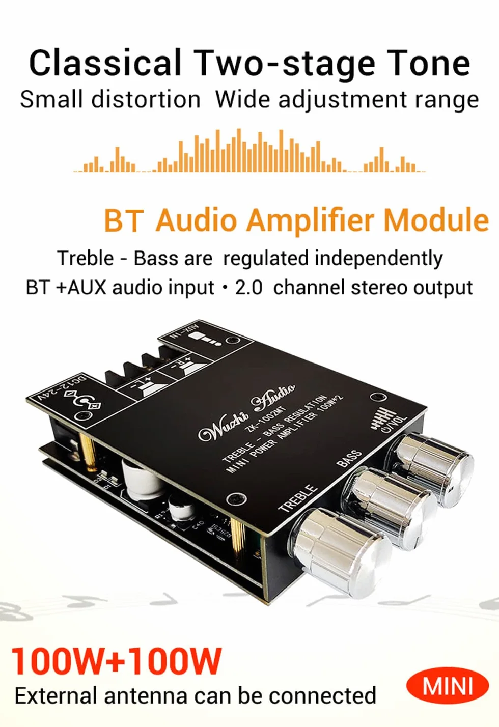 WANGCL ZK-1002MT 2 x 100 W Bluetooth 5.0 High-Power Stereo Subwoofer Amplifier Board, AUX Bass and Treble Amplifier