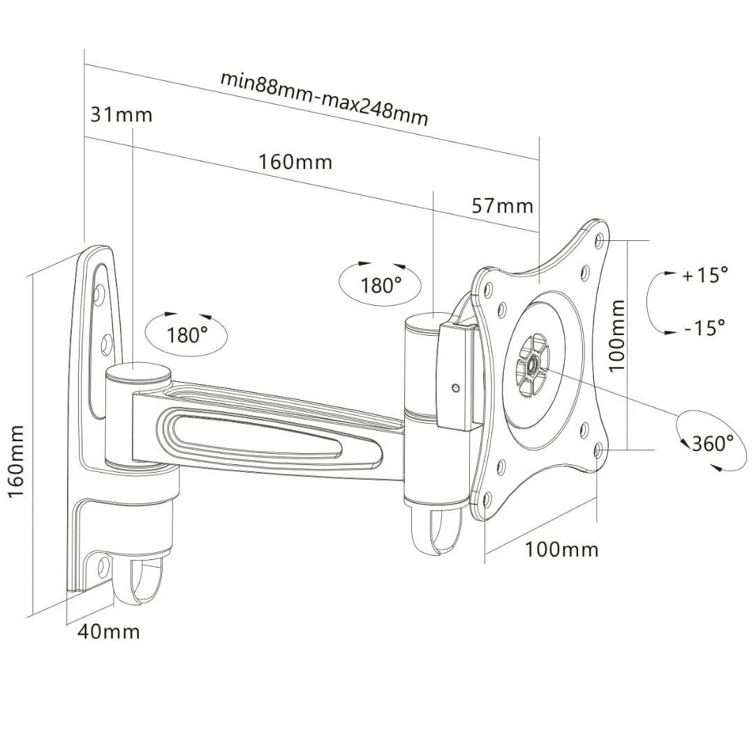 Manhattan 423700 Universal Gelenkarmhalterung für Flachbildschirme ein Schwenkarm 13" bis 27" bis zu 15 kg schwarz