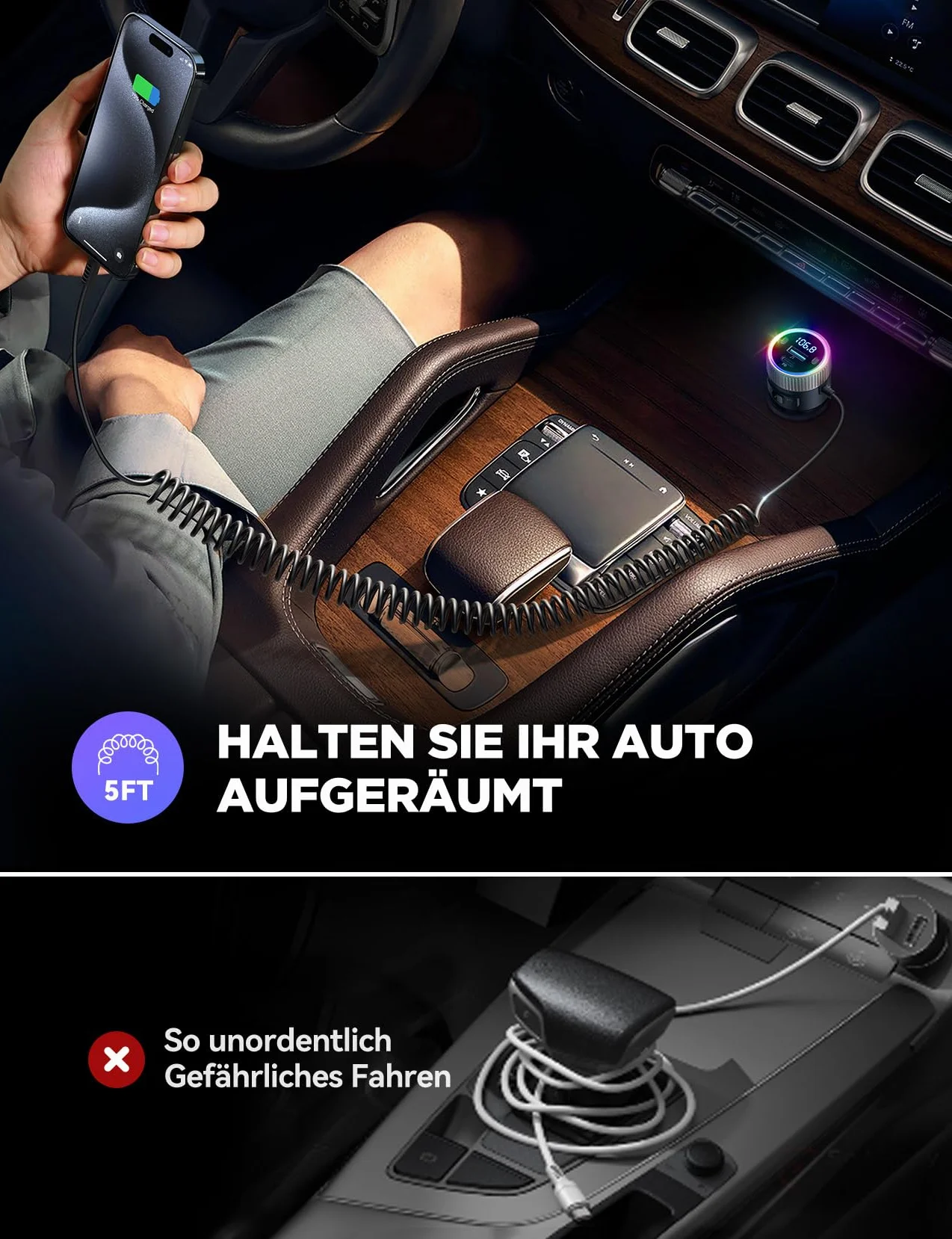 JOYROOM 2026 Neueste 5.4 Bluetooth Adapter Auto 60W [PD 30W & USB-C Spiralkabel 30W] FM Transmitter für Auto Hi-Fi Musikplayer, Freisprecheinrichtung, Dual-Mikrofon, LED-Licht, U-Disk