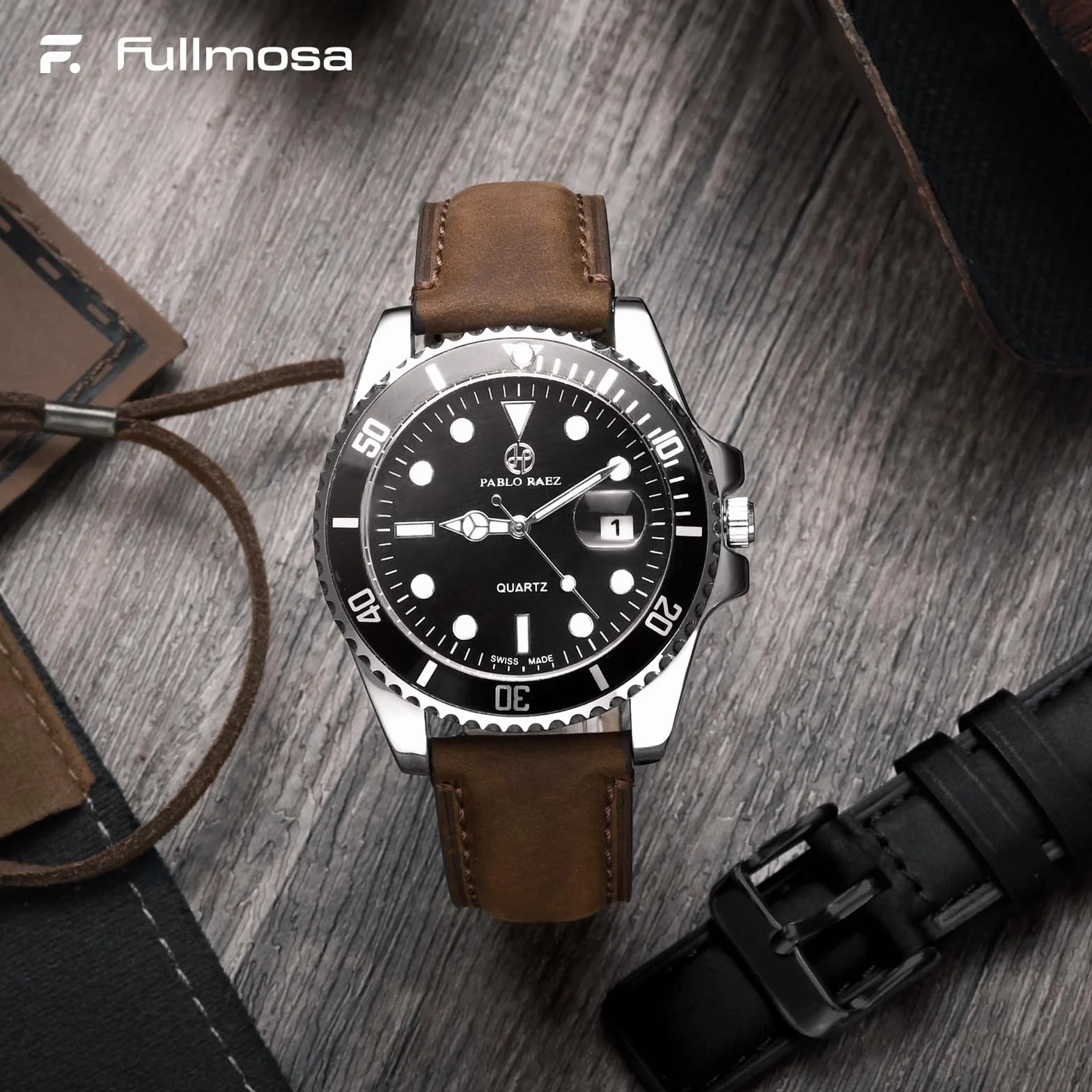 Fullmosa Echtleder Uhrenarmbänder 22mm Schnellwechsel-Armband für Damen & Herren, 2er Set Wechsel Lederarmbänder mit Edelstahl-Verschluss, Kaffee & Schwarz mit Schwarz-Verschlüsse