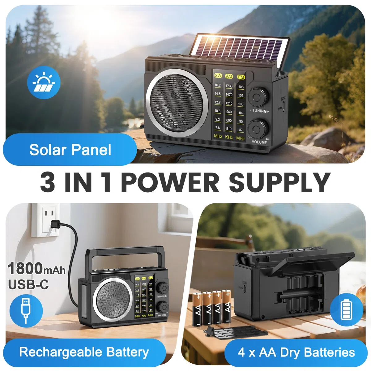 PRUNUS J-135 AM/FM/SW Solar Radio mit 1800mAh Akku oder AA batteriebetrieb, Nostalgie Radio mit Bluetooth 6.0/USB/TF-Karte Spielen. Kofferradio Transistorradio für Camping, Notfälle und Outdoor.