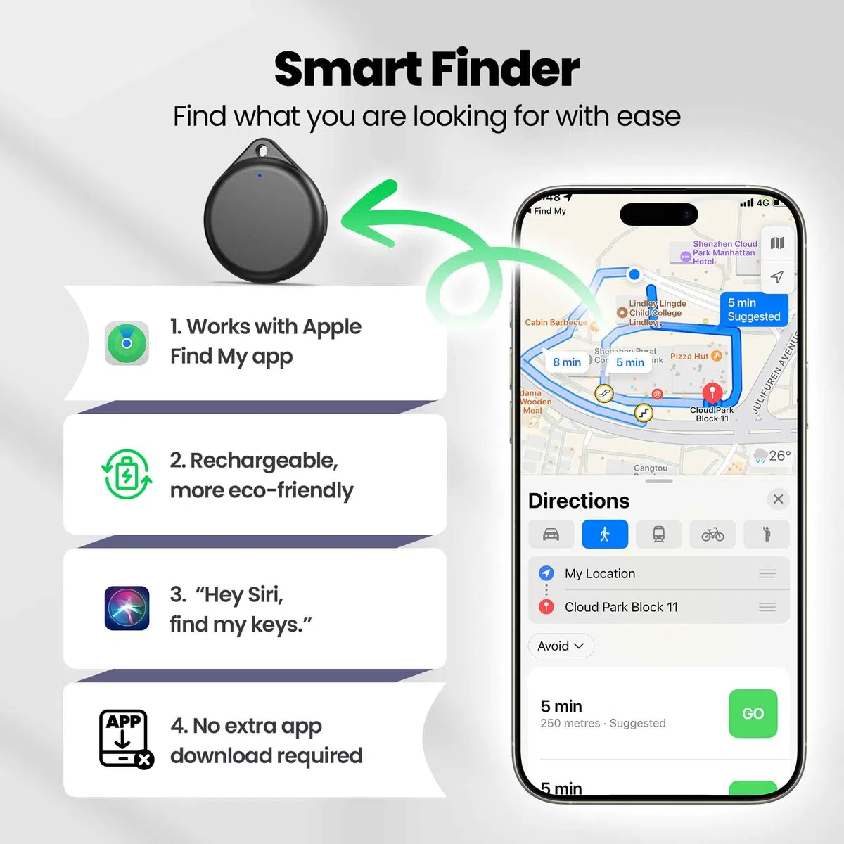 TECKNET Air Tracker Tag Schlüsselfinder, Smart Tag Kompatibel mit Apple Wo ist? APP (Nur iOS), Wiederaufladbar, Wasserdicht, Bluetooth Key Finder für Gepäck/Taschen/Key/Haustier(4er Pack)