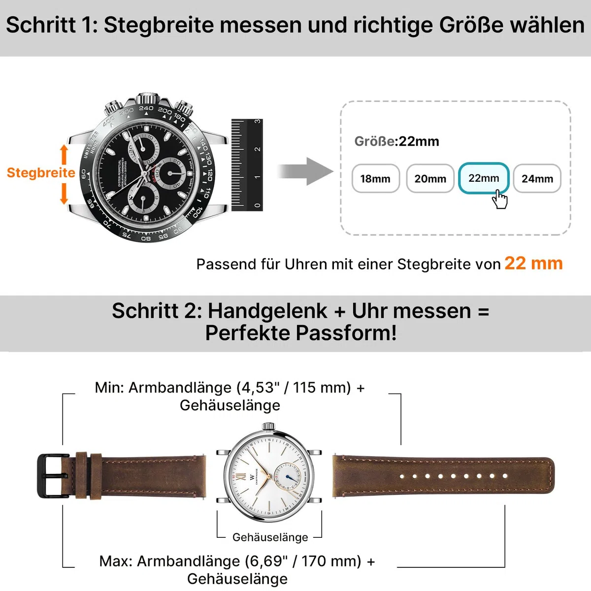 Fullmosa Echtleder Uhrenarmbänder 22mm Schnellwechsel-Armband für Damen & Herren, 2er Set Wechsel Lederarmbänder mit Edelstahl-Verschluss, Kaffee & Schwarz mit Schwarz-Verschlüsse