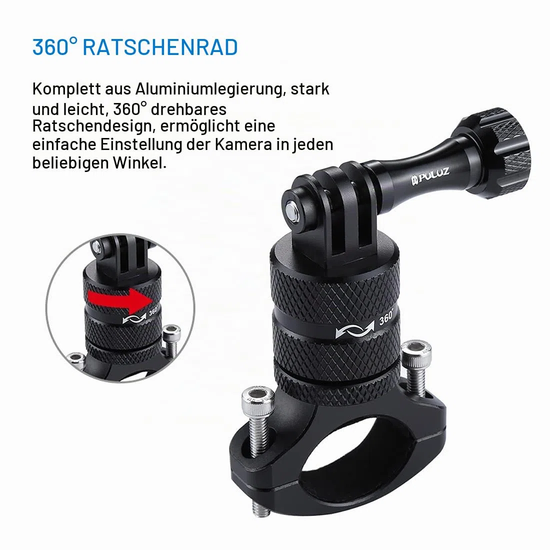 PULUZ Action cam fahrradhalterung for Gopro Hero 12 11 10 9 8 7 & DJI OSMO & insta360 x3, 360 Grad Rotary Lenkerhalterung 360-Grad-Aluminiumlegierung zubehör Fahrrad Motorrad Halterung rohrklemme