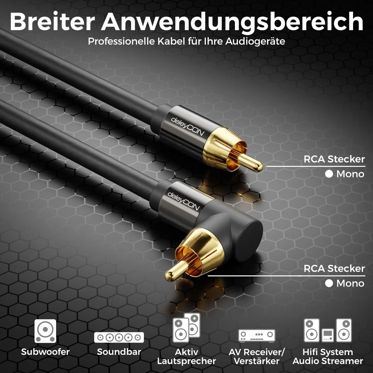 deleyCON 7,5m Subwoofer Kabel - Winkelstecker - Cinch RCA Koaxialkabel - für Subwoofer, AV-Receiver, HiFi-Verstärker, HiFi-Anlagen, Soundbars, Aktive Lautsprecher - Nylon Schwarz