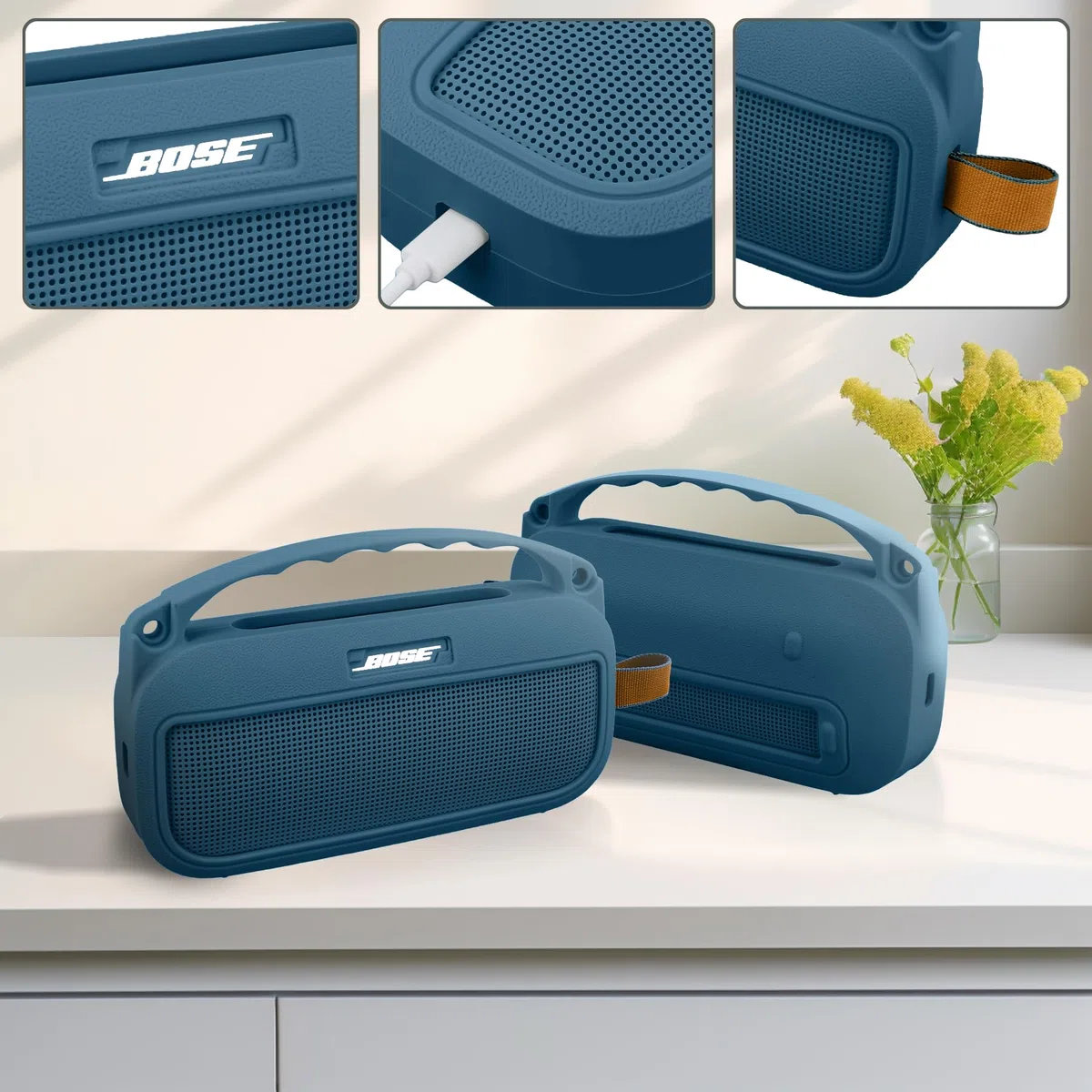 co2CREA Silikonhülle Tragetasche Case für Bose SoundLink Flex 2 Lautsprecher (2nd Gen), tragbare ultraleichte Silikon Schutzhülle mit Karabiner und Schultergurt (Lautsprecher Nicht enthalten)