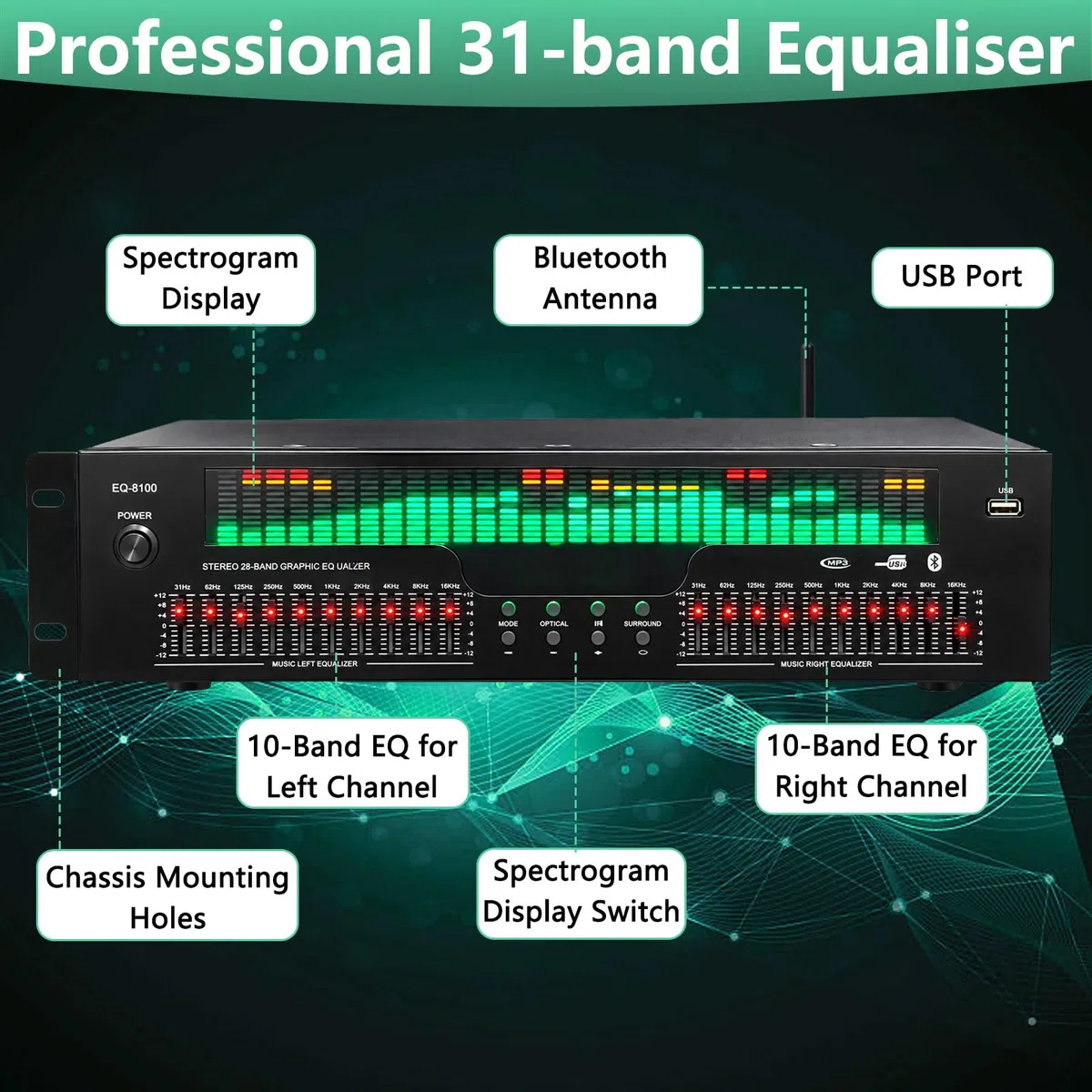 Equalizer, 31 Band Digital Equalizer HiFi mit LED Spektrumanzeige