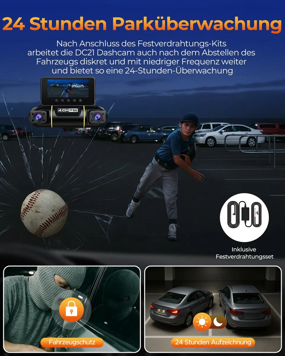 LAMTTO 4 Kanal Dashcam Auto Vorne Hinten Innen, 5GHz WiFi 360 Grad Dashcam Auto Kamera mit 128GB SD Karte, 3.16" IPS-Bildschirm, Nachtsicht IR, 24/7 Parküberwachung mit Hardwire-Kit