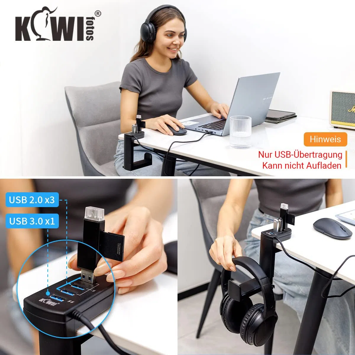 KIWIFOTOS 2-in-1-Kopfhörerständer unter dem Schreibtisch mit 4 Anschlüssen USB-Hub-Organizer, Headset-Halter, Kopfhörerhaken, Aufhänger für Schreibtisch, PC-Gaming-Zubehör - Schwarz
