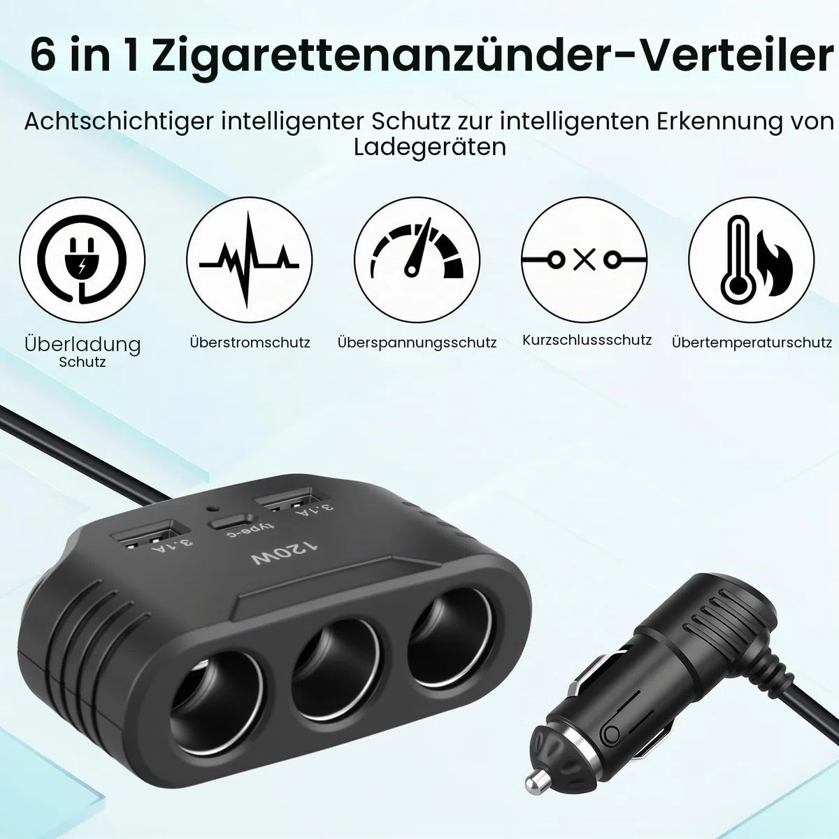 120W Zigarettenanzünder Verteiler 12V 24V, KFZ Ladegerät Auto Adapter mit 3 Steckdosen 2 USB-A Anschlüssen 1 Type C Anschlüsse, Cigarette Lighter Socket mit LED für Handy GPS Dashcam Sitzheizung