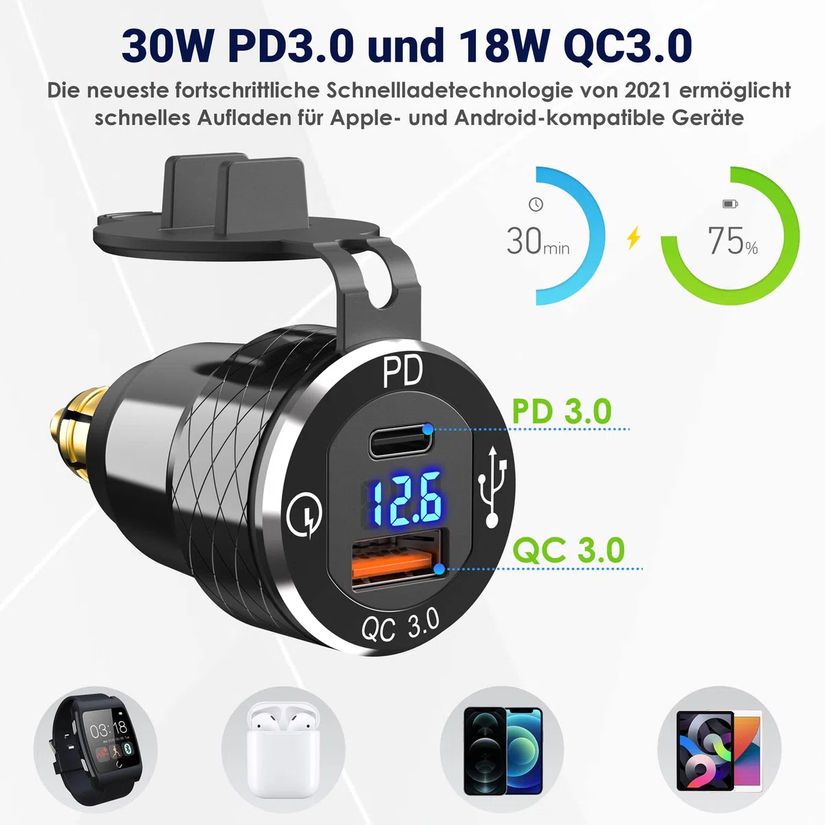USB Din Hella Steckdose Adapter für BMW Motorrad: USB C PD 30W Ladegerät 12V Wasserdicht EU Typ C USB Stecker QC3.0 Anschluss mit LED Voltmeter für iPhone DC 12-24 Volt Europäisch Ducati Triumph BMW