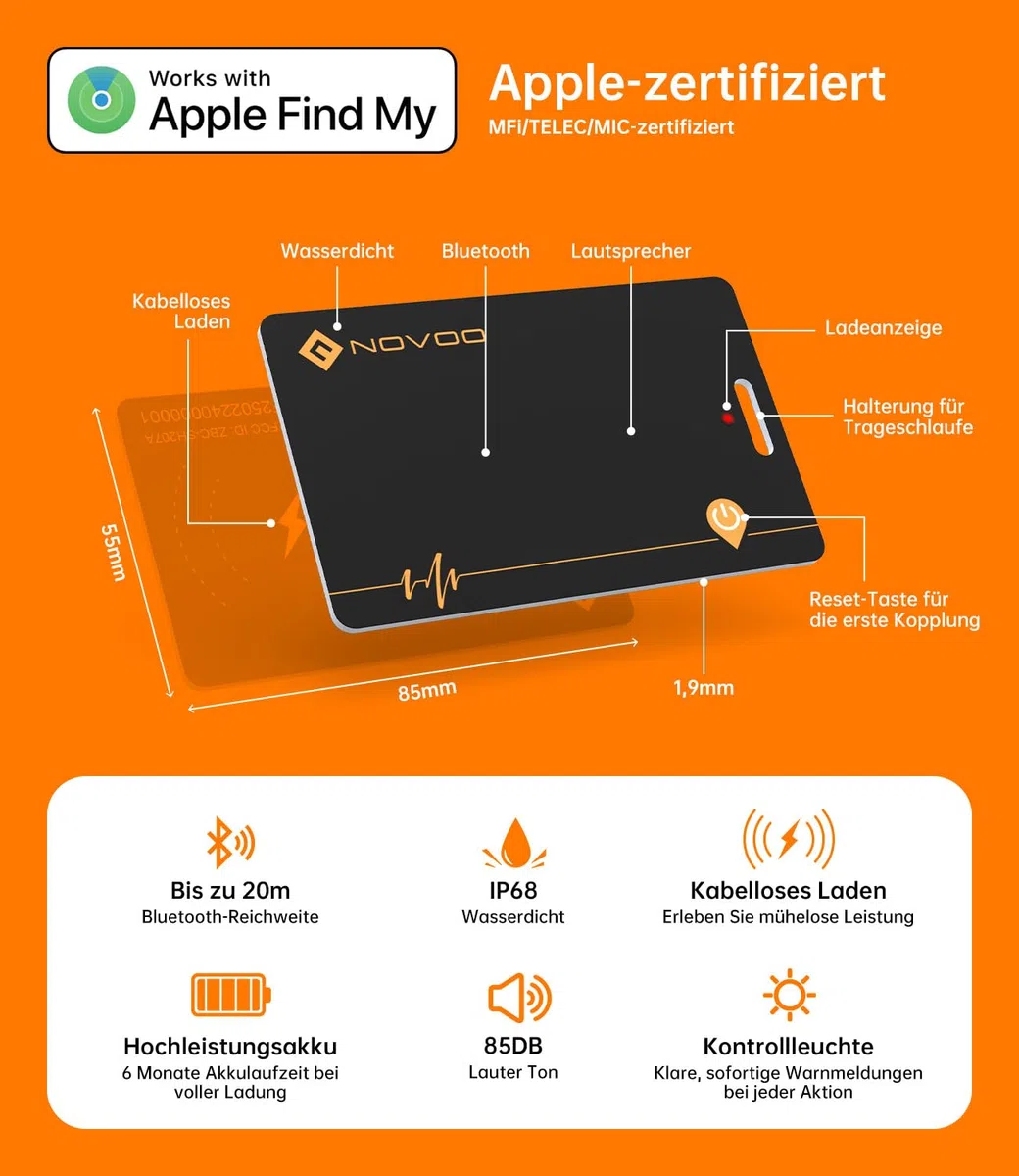 NOVOO Wiederaufladbarer Tracker Air Tag Karte Slim kompatibel mit Apple Find My (nur iOS),Bluetooth Tracker, IP68 Wasserdicht,Dünne Geldbörsenfinder SmartTag Tracker Karte für Wallet,Reisepässe,Gepäck