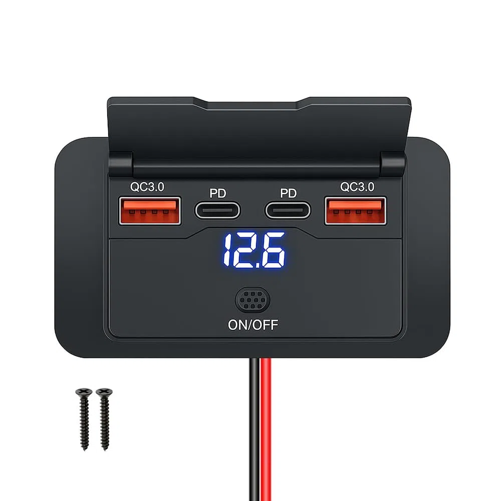 96W 12v USB Steckdose zur Wandmontage – Dual 36W USB-C PD & Dual QC3.0 18W Auto Ladebuchse mit wasserdichtem Schalter, Aufputzmontage für Wohnmobil, DE-car Charger 1p