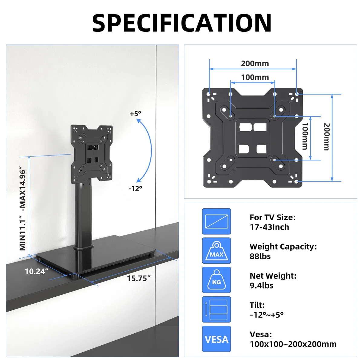 XINLEI TV Ständer TV Standfuss Schwenkba für 17-43 Zoll Fernseher oder Monitor, 3-stufig Höhenverstellbar Tisch-TV Standfüßer mit gehärtetem Glasfuß bis zu 40 kg, VESA max. 200x200 mm Universal