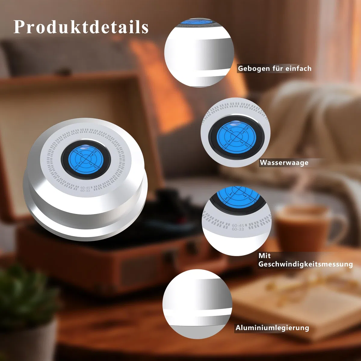 Monosaudio HiFi Schallplattengewicht 320g Plattenpuck mit Wasserwaage 60Hz Vinyl-Disc-Stabilisator für Plattenspieler, Silber