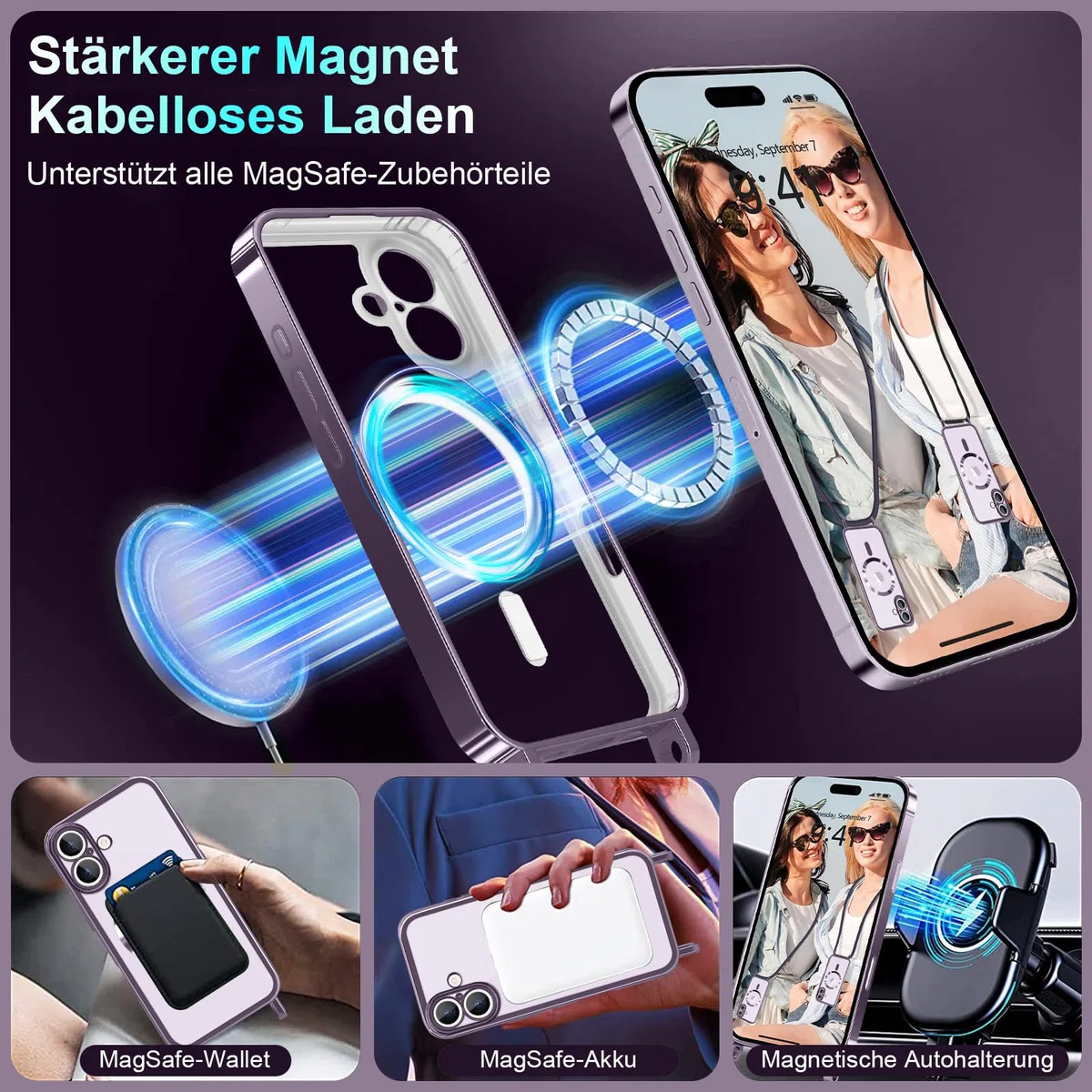 Handyband für iPhone 17 Hülle mit Band + 2 Stück Glas Schutzfolie Transparent Silikon Handyhülle Magnetische Schutzhülle Case zum Umhängen Kordel für iPhone 17 Lila