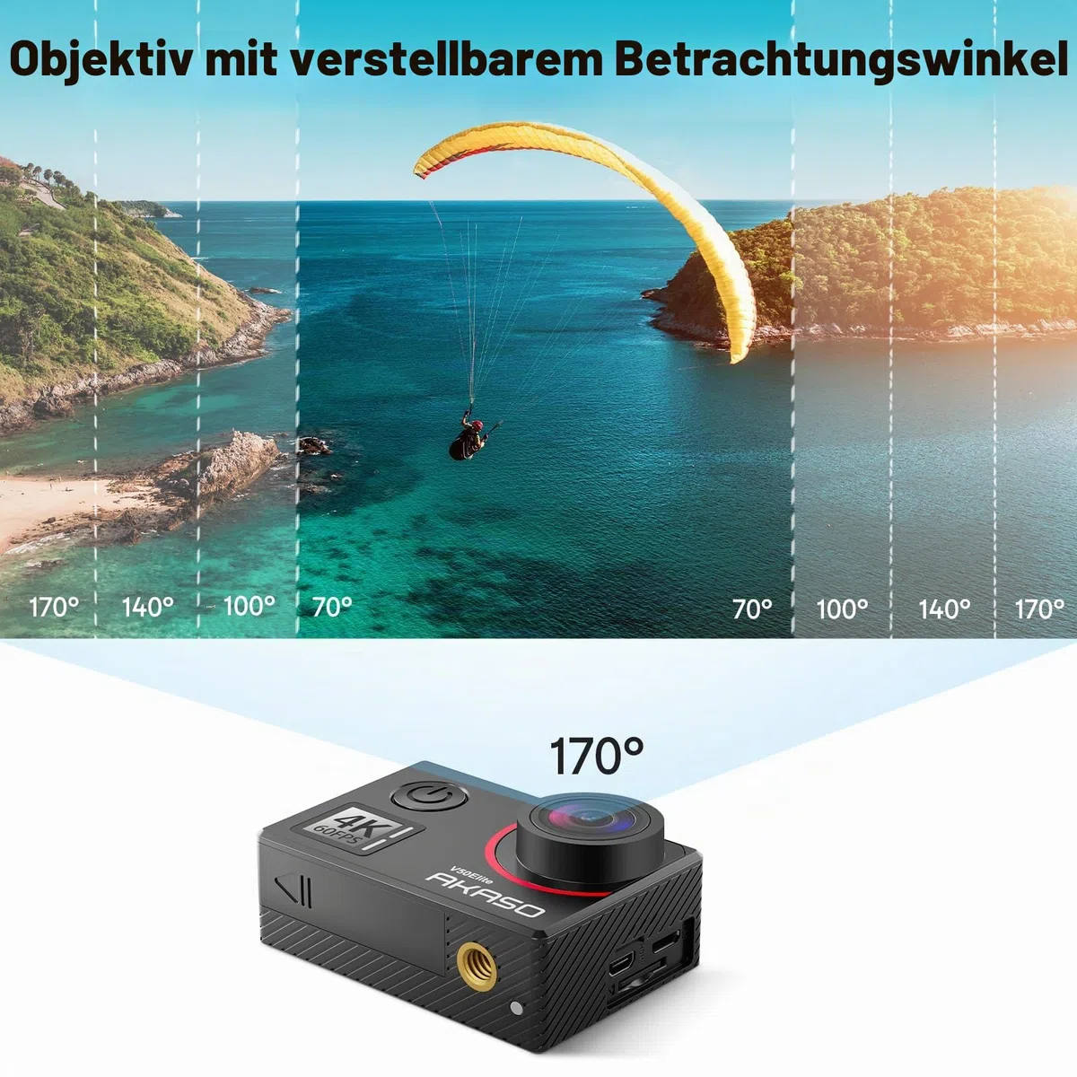 AKASO V50 Elite Action Cam mit MicroSDXC Speicherkarte 64 GB 4K/60 fps 20 MP WiFi, Unterwasserkamera 40 m wasserdicht mit Touchscreen, Sprachsteuerung, 8 x Zoom