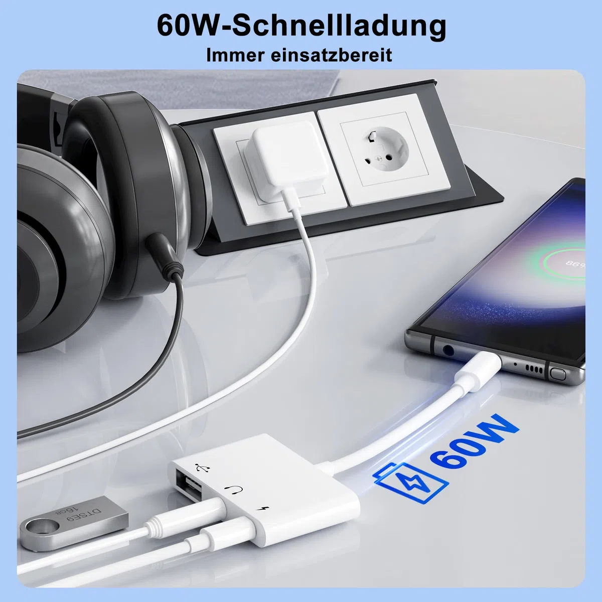 【3 in 1】 Adapter USB C auf USB 3,5 Klinke Kopfhörer mit 60W Ladegerät OTG Adapter, Aux Kabel USBC für iPhone 17/16/15, Samsung Galaxy S25/S24/S23/A56 i-Pad Pro Air Laptops und andere Typ-C-Geräte
