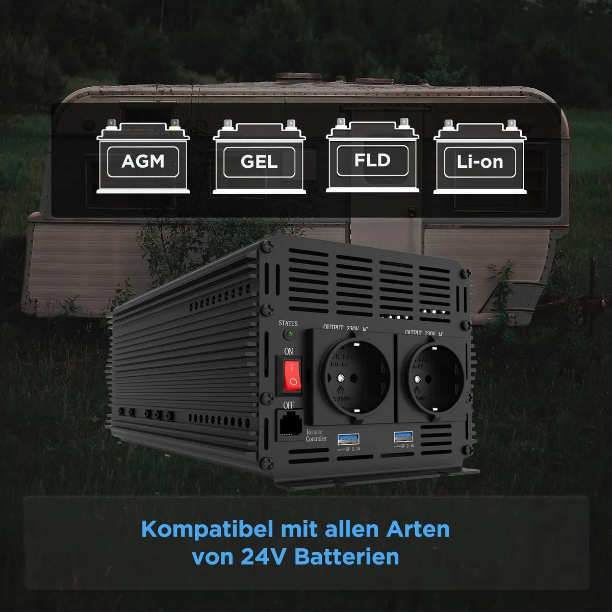 EDECOA Wechselrichter 2000w 24v 230v Spannungswandler mit Neuer Fernbedienung 2X USB und Bildschirm für Sonnenkollektor KFZ Wohnmobi (2000w)