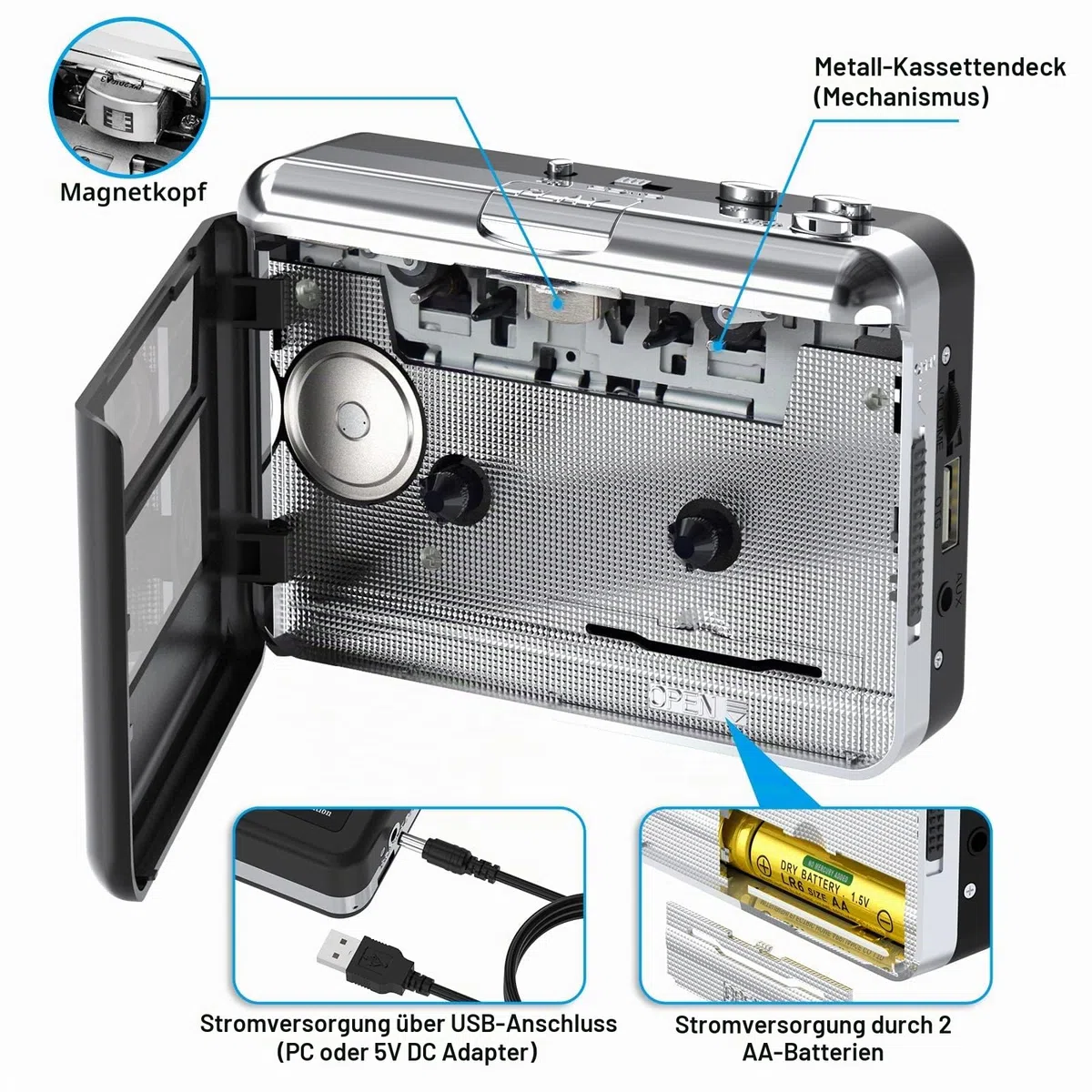 Rybozen Kassettenspieler, tragbarer USB-Kassetten-zu-MP3-Konverter, Walkman Audio-Musik-Tape-zu-Digital-Konverter, Player mit Kopfhörern, speichert auf USB-Laufwerk, kein PC erforderlich