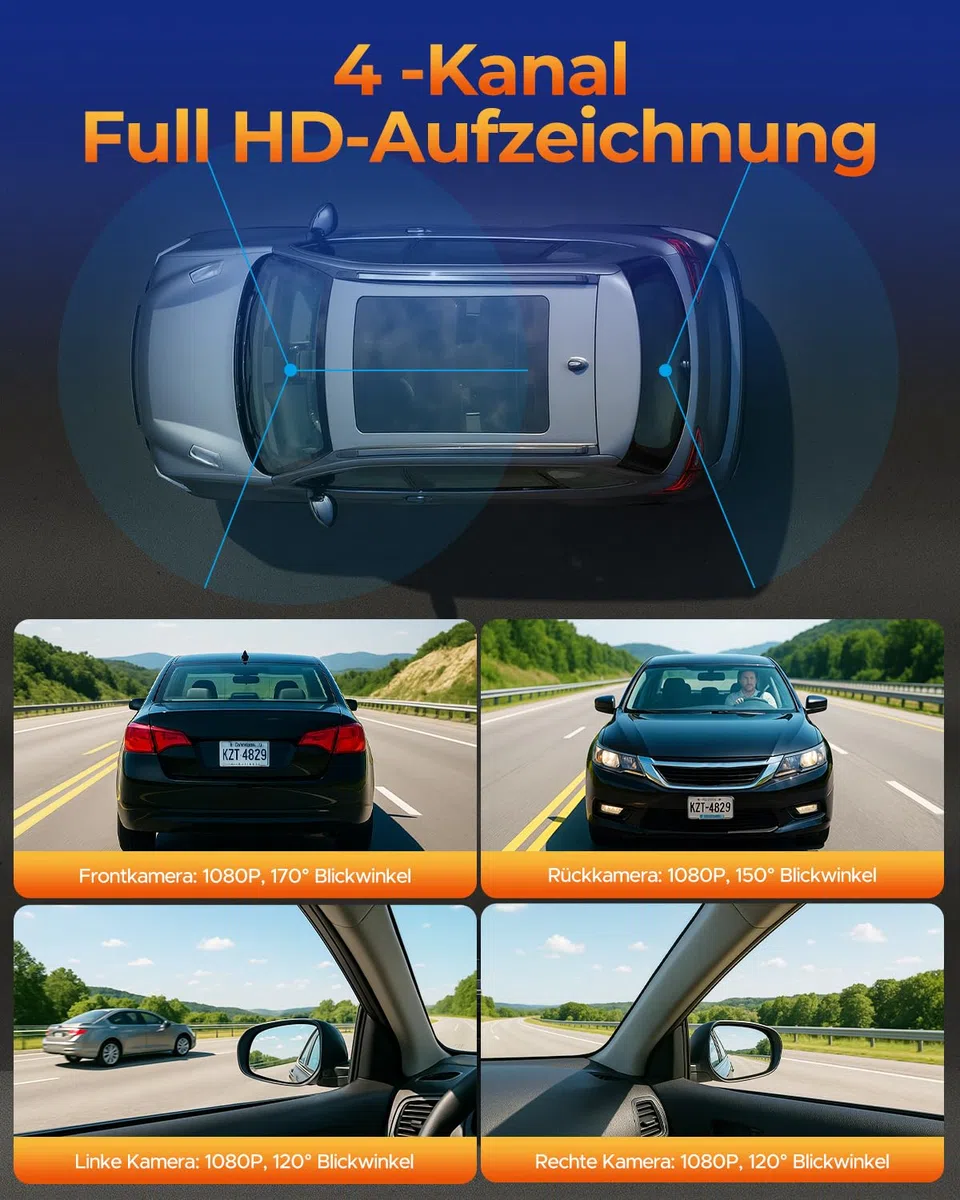 LAMTTO 4 Kanal Dashcam Auto Vorne Hinten Innen, 5GHz WiFi 360 Grad Dashcam Auto Kamera mit 128GB SD Karte, 3.16" IPS-Bildschirm, Nachtsicht IR, 24/7 Parküberwachung mit Hardwire-Kit