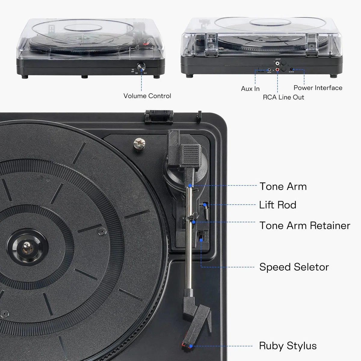 Vintage Plattenspieler 3-Gang-Bluetooth-Plattenspieler mit integrierten Stereo-Lautsprechern, Riemenantrieb, LP-Vinyl-Player mit Staubschutz für Heimdekoration, Schwarz