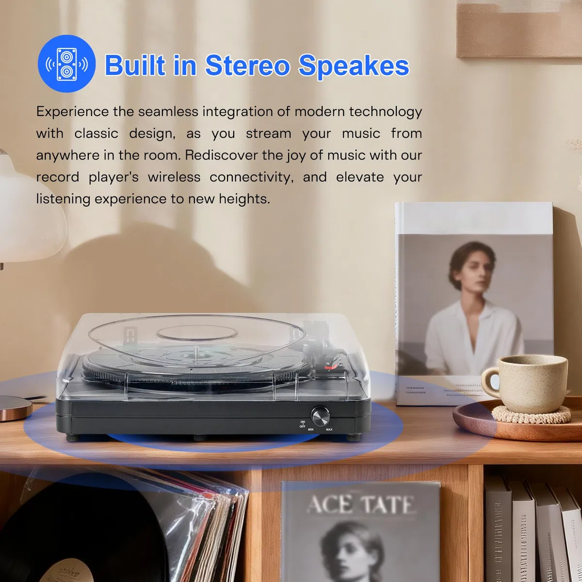 Vintage Plattenspieler 3-Gang-Bluetooth-Plattenspieler mit integrierten Stereo-Lautsprechern, Riemenantrieb, LP-Vinyl-Player mit Staubschutz für Heimdekoration, Schwarz