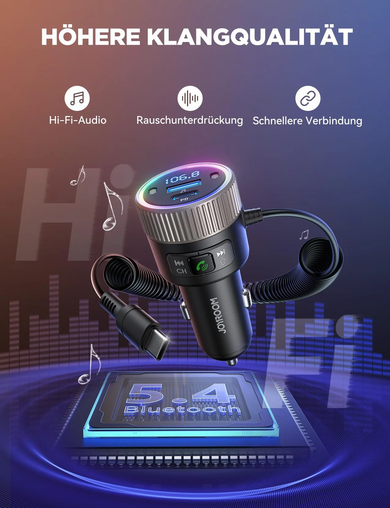 JOYROOM 2026 Neueste 5.4 Bluetooth Adapter Auto 60W [PD 30W & USB-C Spiralkabel 30W] FM Transmitter für Auto Hi-Fi Musikplayer, Freisprecheinrichtung, Dual-Mikrofon, LED-Licht, U-Disk
