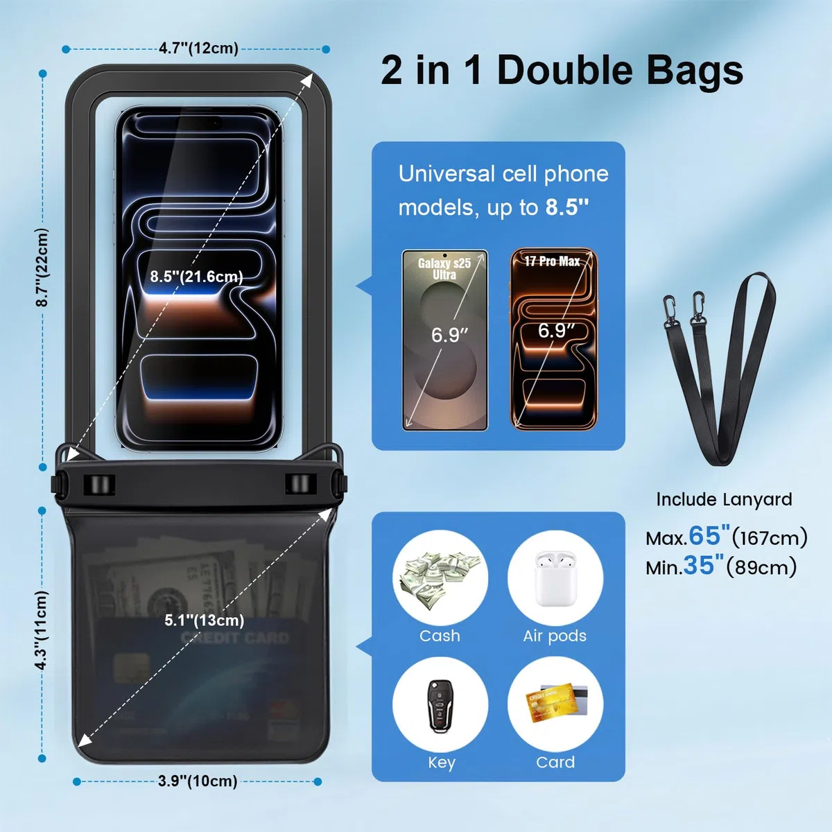 Rynapac 2 Stück wasserdichte Handyhülle [Doppelte Taschen], IPX8 Wasserfeste Handytasche für Schwimmen, Unterwasser Handyhülle für iPhone 17 16 15 14 Pro Max, Samsung S26 S25 S24 bis zu 7,5 Zoll
