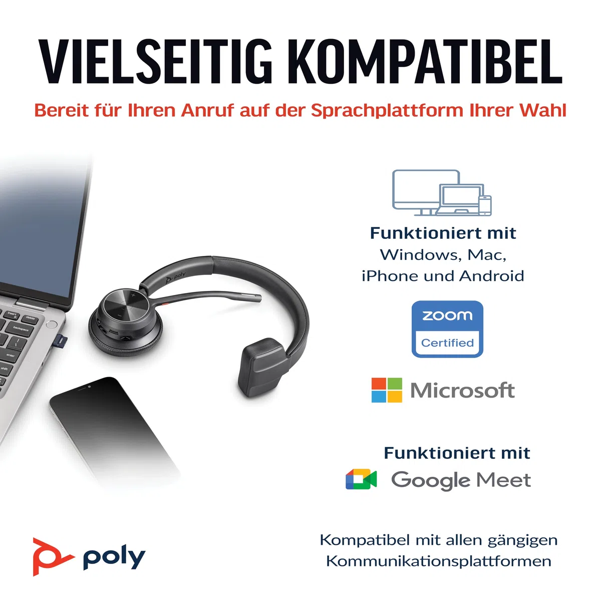 Schnurloses Headset Poly Voyager 4310 UC (Plantronics) – Ein-Ohr-Bluetooth-Headset mit Noise Cancelling-Mikrofon – Verbindung mit PC/Mac/Mobiltelefon per Bluetooth – Kompatibel mit Teams, Zoom & mehr