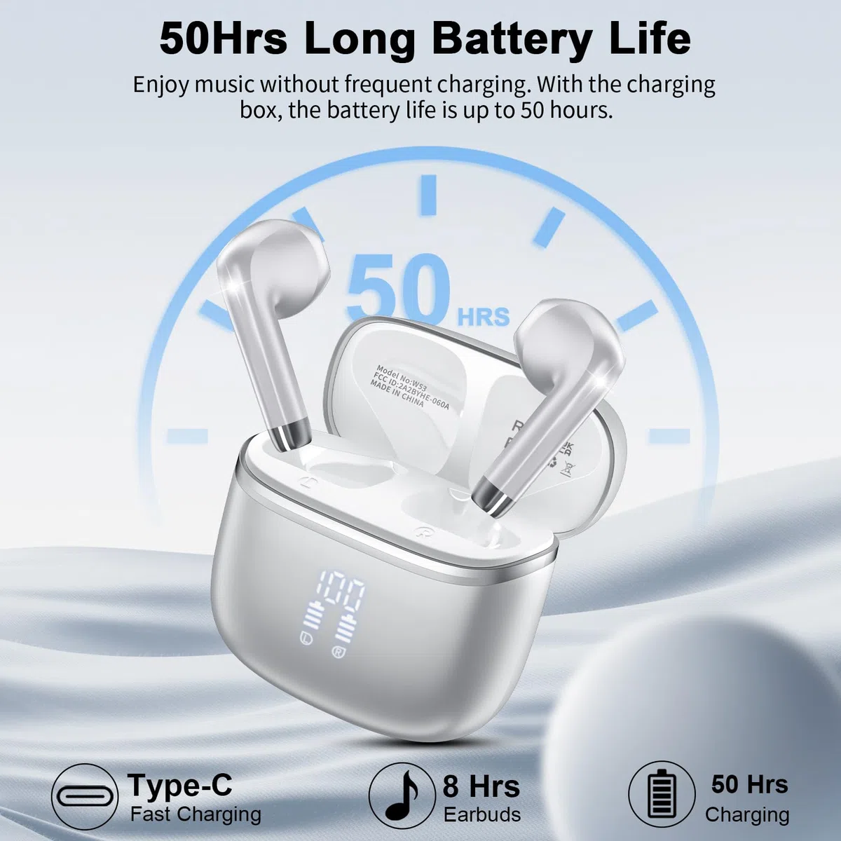 Bluetooth Kopfhörer, Kopfhörer Kabellos Bluetooth 5.4 mit 4 ENC Noise Cancelling Mic, 50H Spielzeit mit LED, IPX7 wasserdicht für Sport, Arbeit und Studium, USB-C, Silberweiß