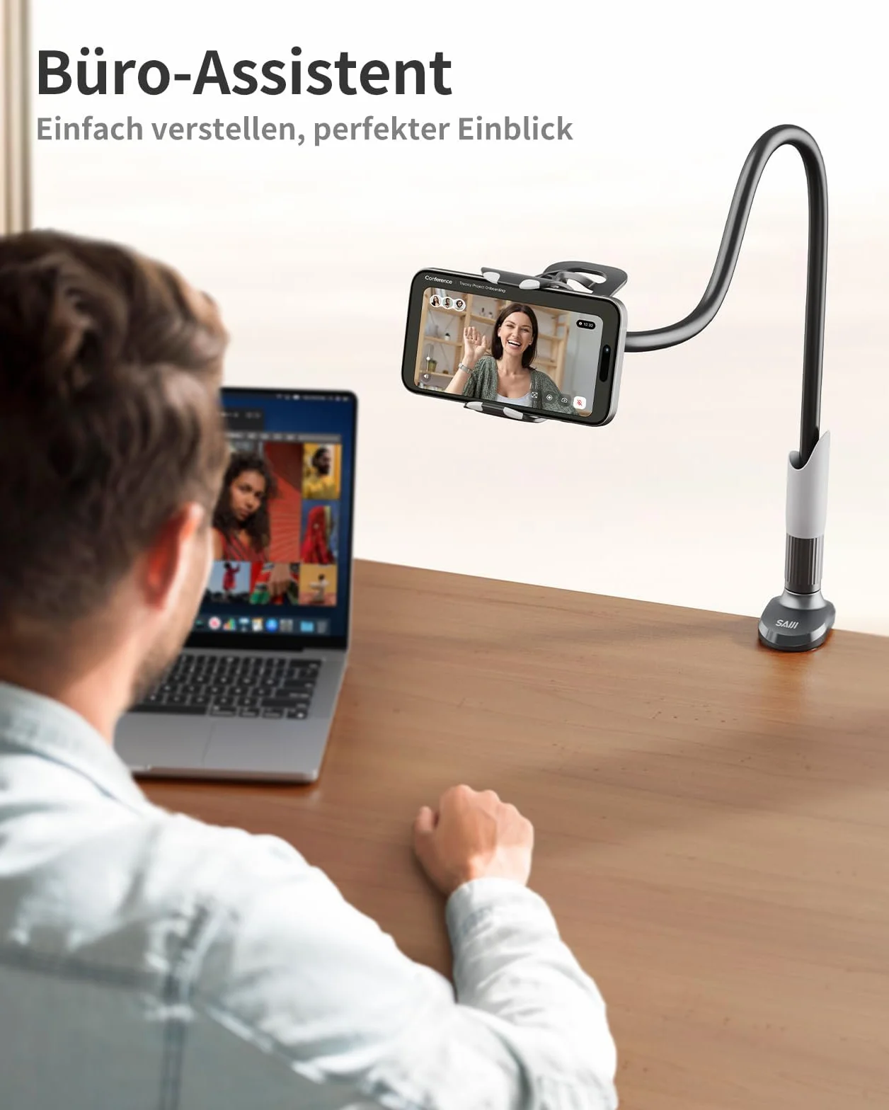 SAIJI Handy Halter für Bett, Schwanenhals Handy Halterung, 360 Drehbare Lang Arm Handy Ständer, für iPhone 17 16 15 14 13 12 Pro, 4"-7" Screen (Schwarz)
