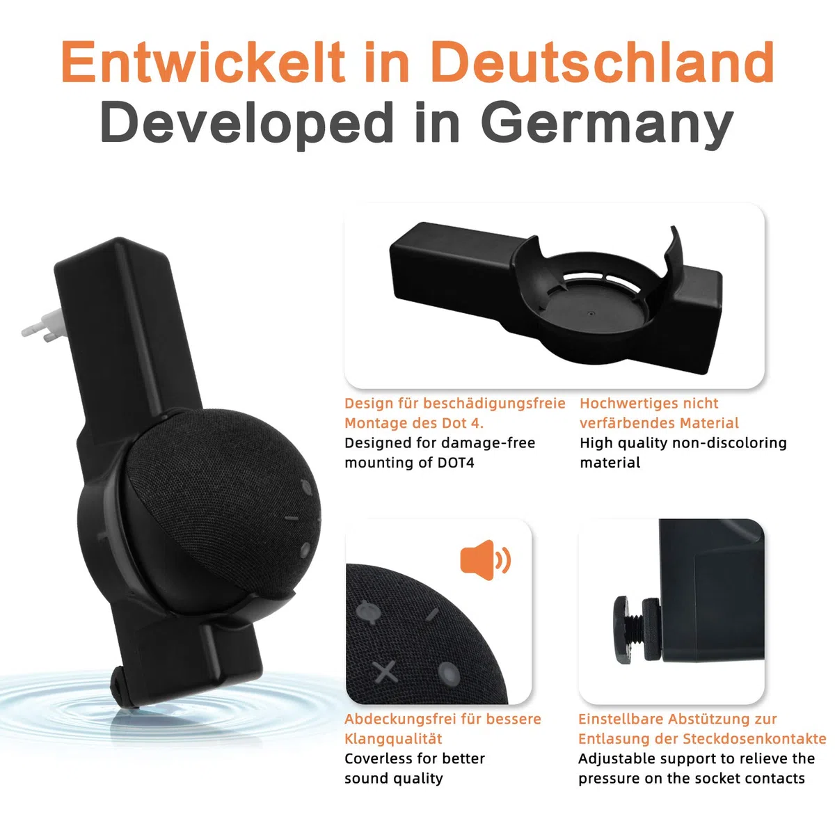 Dot (5. / 4. Generation) Steckdosenhalterung Wandhalterung - Entwickelt in Deutschland - Platzsparende Lösung, Montage ohne Bohren, ohne Kleber, Dot 5/4 Halter (Schwarz)