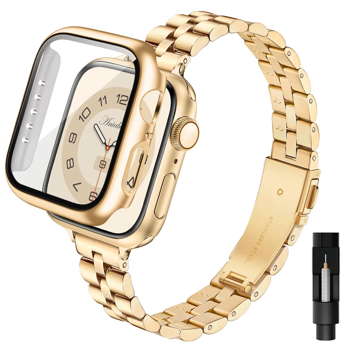 Kompatibel mit Apple Watch Armband 40mm mit Schutzhülle, Edelstahl Metall iWatch Armband Damen mit Hülle für Apple Watch SE 3 2 1 Series 6 5 4 40mm, Schmuck für Fraue(Gold)