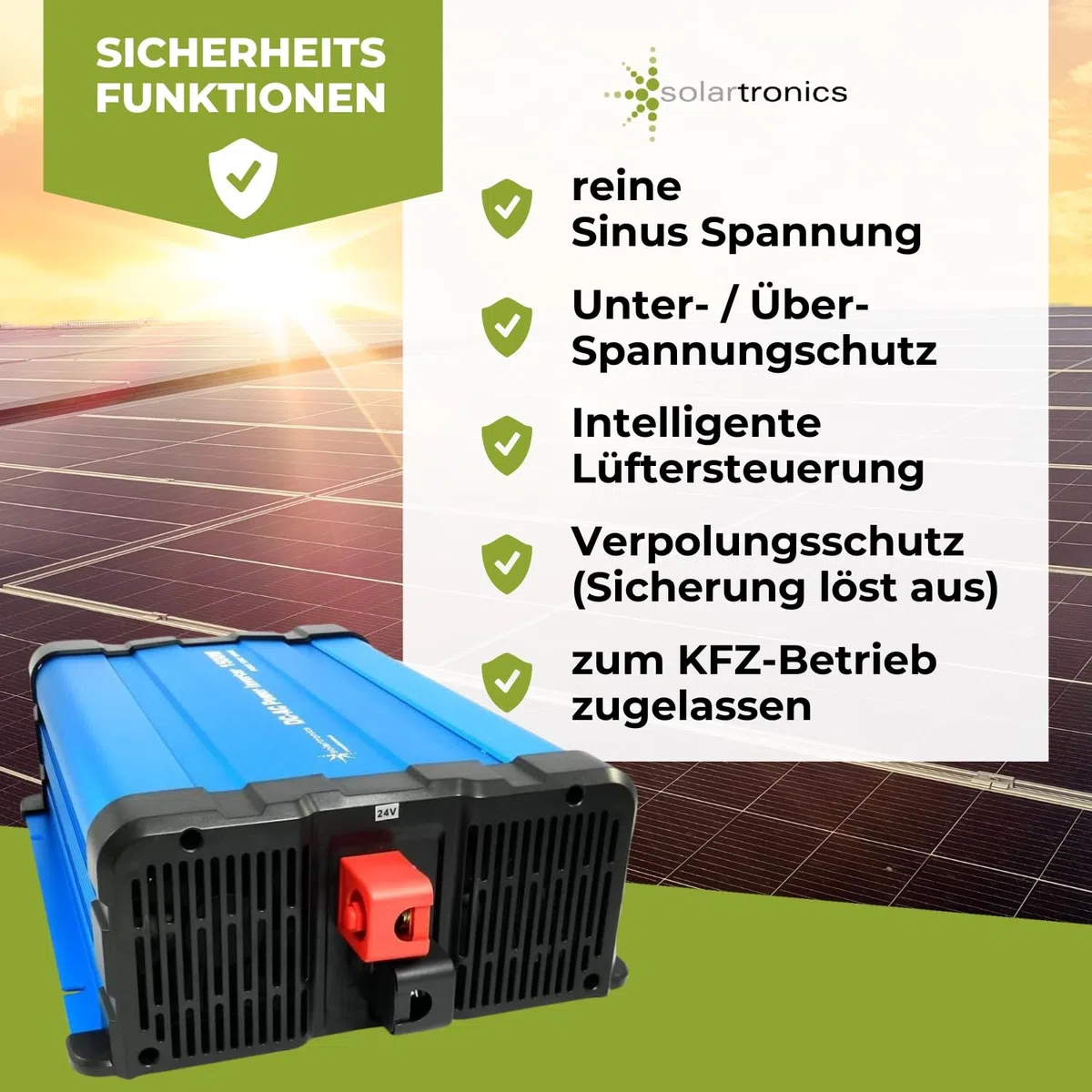 SOLARTRONICS FS1500DR Spannungswandler 24V 230V 1500 Watt - Reiner Sinus Wechselrichter 24V auf 230V für Wohnwagen & Wohnmobil - 3000W Spitzenleistung - mit Schuko, USB Anschluss & Fernbedienung