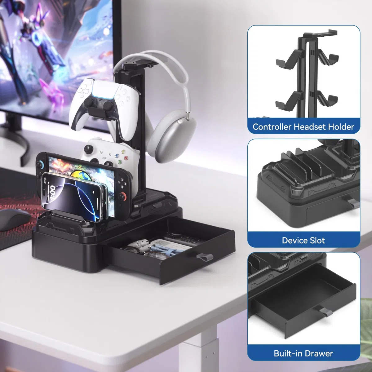 KDD Kopfhörer Ständer Gaming mit Schublade - Drehbare Headset Halterung Tisch & Controller Halter PS5 mit Geräteschlitz für Handy Tablet - Universal Headset Ständer für Alle Kopfhörer Gaming Zubehör