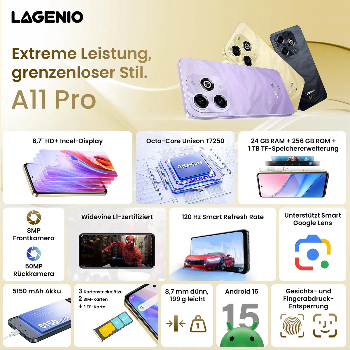 A11 Pro Android 15 Smartphone Ohne Vertrag, 120Hz Octa-Core, 24GB+256GB Handy Ohne Vertrag，50MP+8MP AI Kamera, 6,7'' HD+ Bildschirm, Dual SIM 4G Simlockfreie Handy/OTG/Widevine L1-Gold