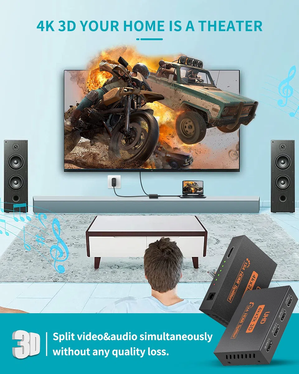 HDMI Splitter 1 In 4 Out 4K 3D 1080P Duplizieren/Spiegeln für 4 Monitor, 4 Way Verteiler HDMI Unterstützt HDCP1.4 3D UHD 1080P HD TV X-Box Blu-Ray DVD