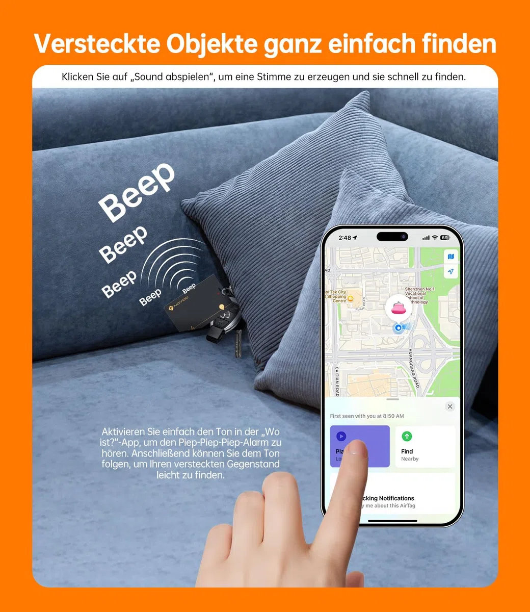 NOVOO Wiederaufladbarer Tracker Air Tag Karte Slim kompatibel mit Apple Find My (nur iOS),Bluetooth Tracker, IP68 Wasserdicht,Dünne Geldbörsenfinder SmartTag Tracker Karte für Wallet,Reisepässe,Gepäck