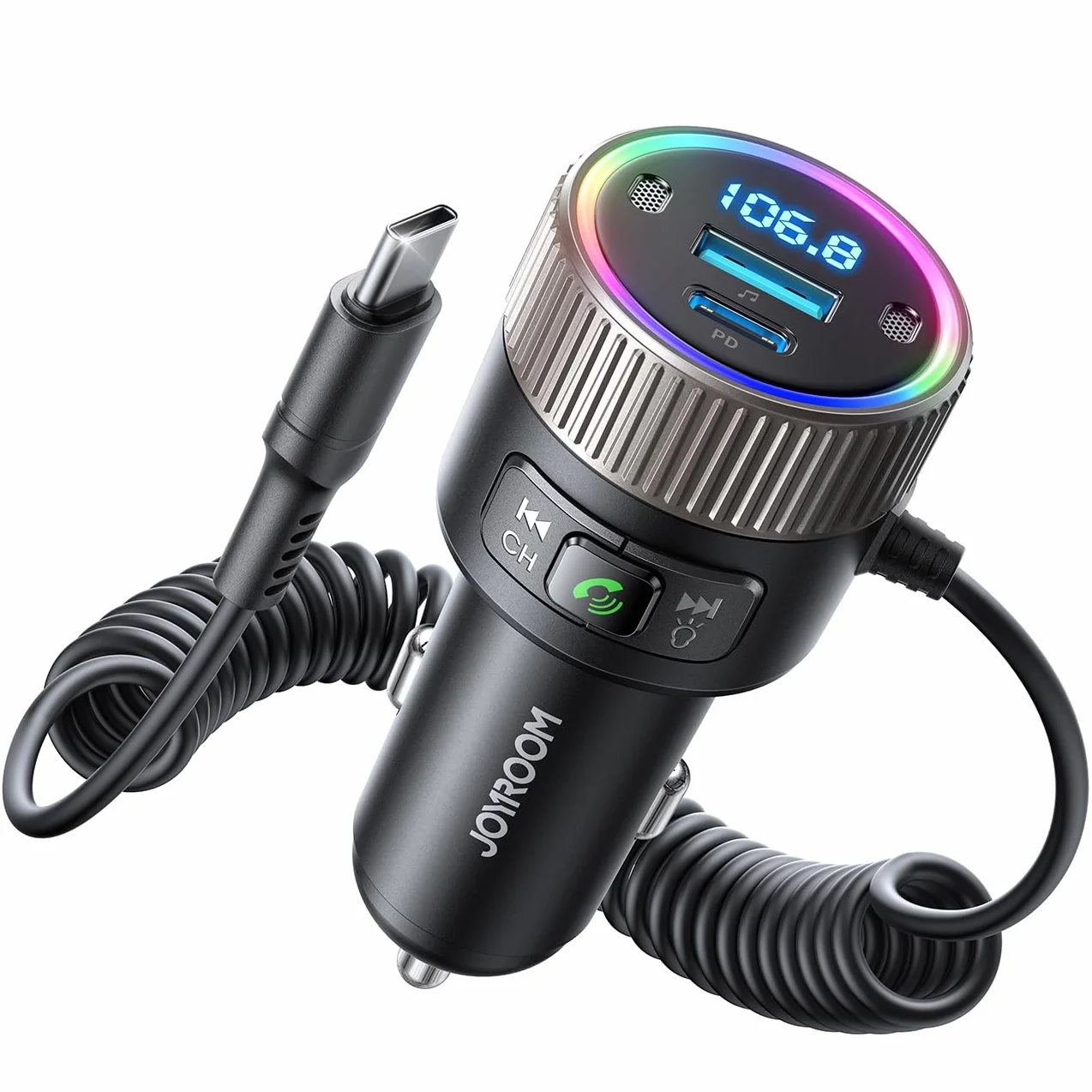 JOYROOM 2026 Neueste 5.4 Bluetooth Adapter Auto 60W [PD 30W & USB-C Spiralkabel 30W] FM Transmitter für Auto Hi-Fi Musikplayer, Freisprecheinrichtung, Dual-Mikrofon, LED-Licht, U-Disk