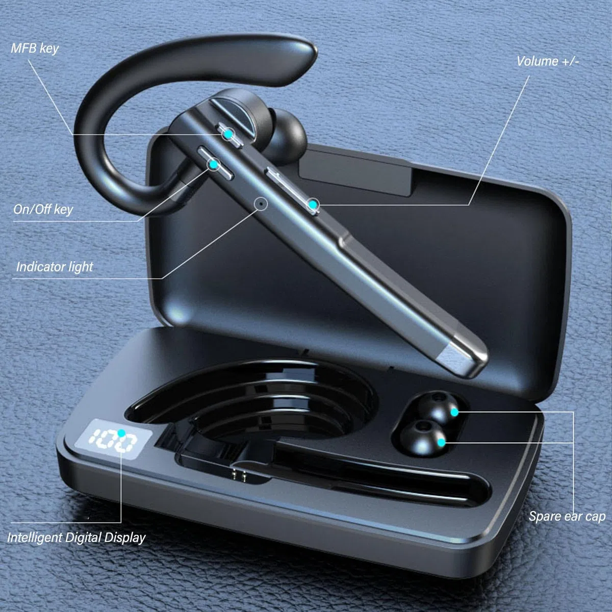 Bluetooth Headset, Drahtloser Bluetooth-Ohrhörer, In Ear Kopfhörer Headset mit LED Ladebox Freisprech Handy Ohrhörer Dual Geräuschunterdrückung Mikrofon für Autofahren, Büro, Business