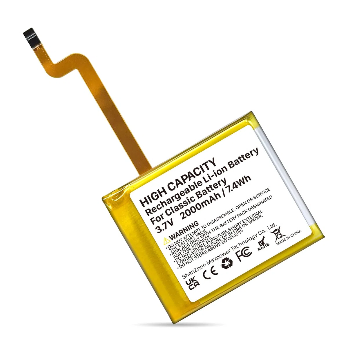 2000mAh Akku für Classic der 5. Generation, quadratischer Ersatzakku mit hoher Kapazität für MP3-Player, kompatibel mit Video/Classic Thin der 5. bis 7. Generation