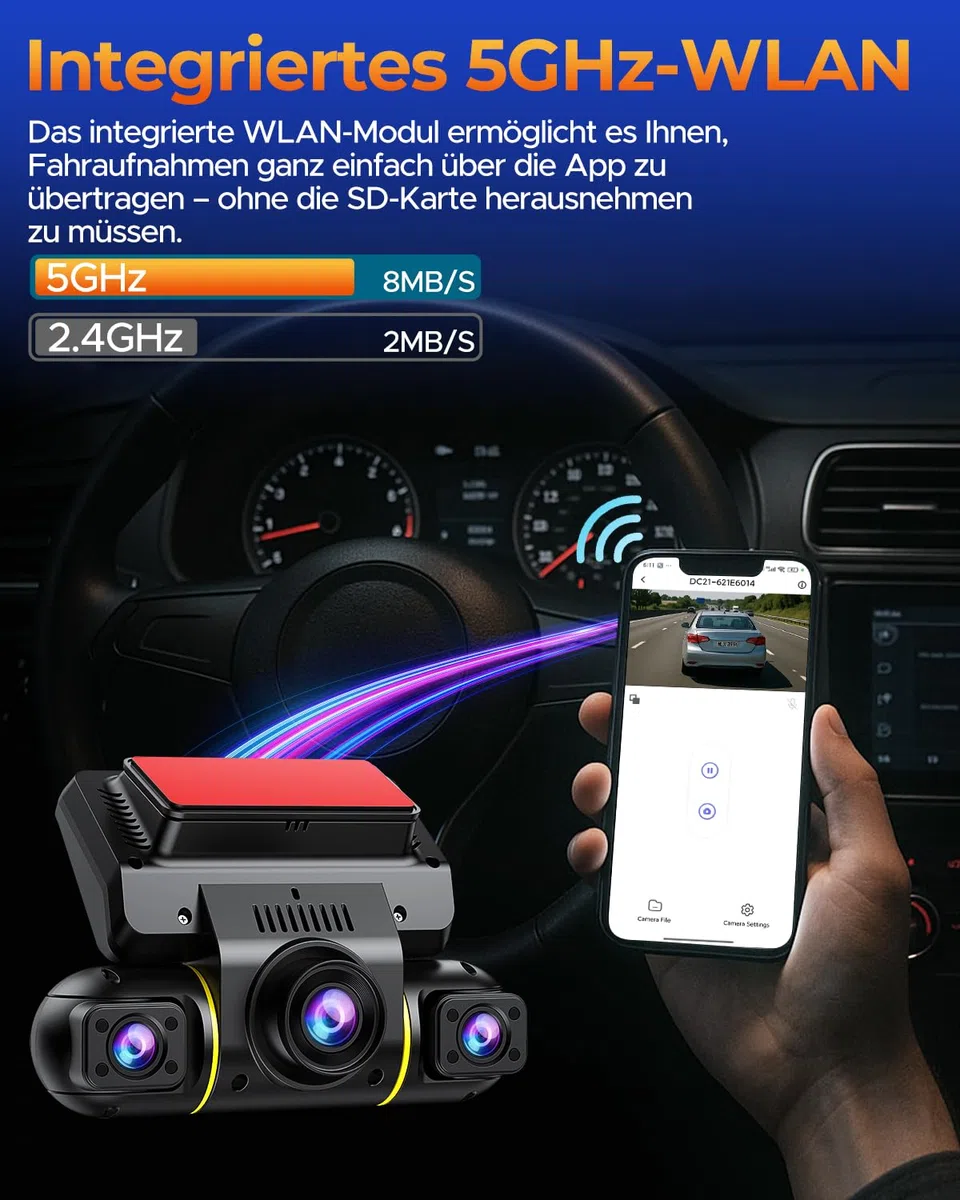 LAMTTO 4 Kanal Dashcam Auto Vorne Hinten Innen, 5GHz WiFi 360 Grad Dashcam Auto Kamera mit 128GB SD Karte, 3.16" IPS-Bildschirm, Nachtsicht IR, 24/7 Parküberwachung mit Hardwire-Kit