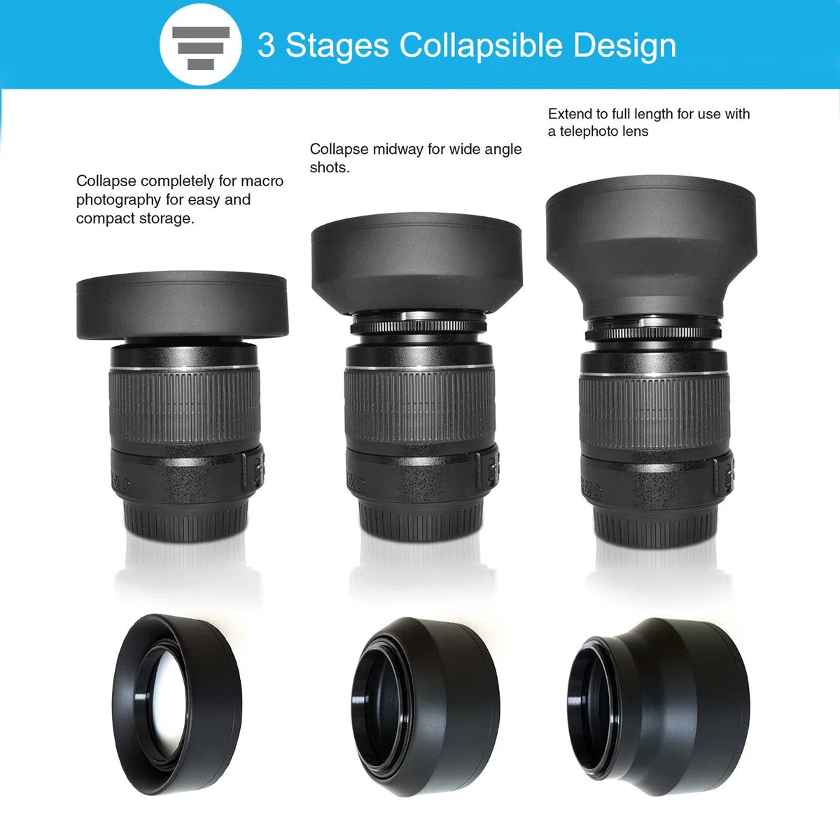 67mm Gegenlichtblenden Set, Zusammenklappbare Gummi Gegenlichtblenden + Reversibel Streulichtblende + Objektivdeckel