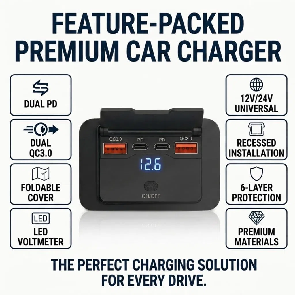 96W 12v USB Steckdose zur Wandmontage – Dual 36W USB-C PD & Dual QC3.0 18W Auto Ladebuchse mit wasserdichtem Schalter, Aufputzmontage für Wohnmobil, DE-car Charger 1p