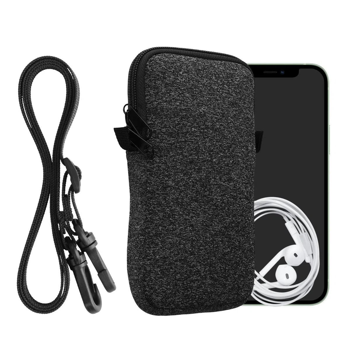 kwmobile Handytasche für Smartphones XL - 6,7/6,8" - Neopren Handy Hülle Anthrazit Weiß mit Kordel - Handy Tasche mit Handykette 17,2 x 8,4 cm Innenmaße