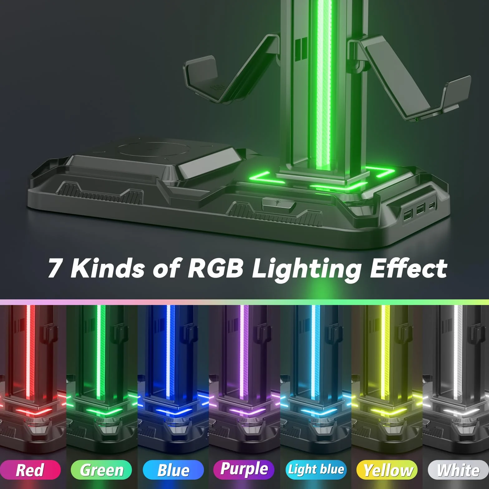 KDD Gaming Headset Halterung mit Wireless Ladegerät - Controller Halter & Kopfhörer Halter Led mit 9 Lichtmodi & 2 USB & 1 Typ-C Anschlüssen - Headphone Stand für Alle Kopfhörer PC Gaming Zubehör