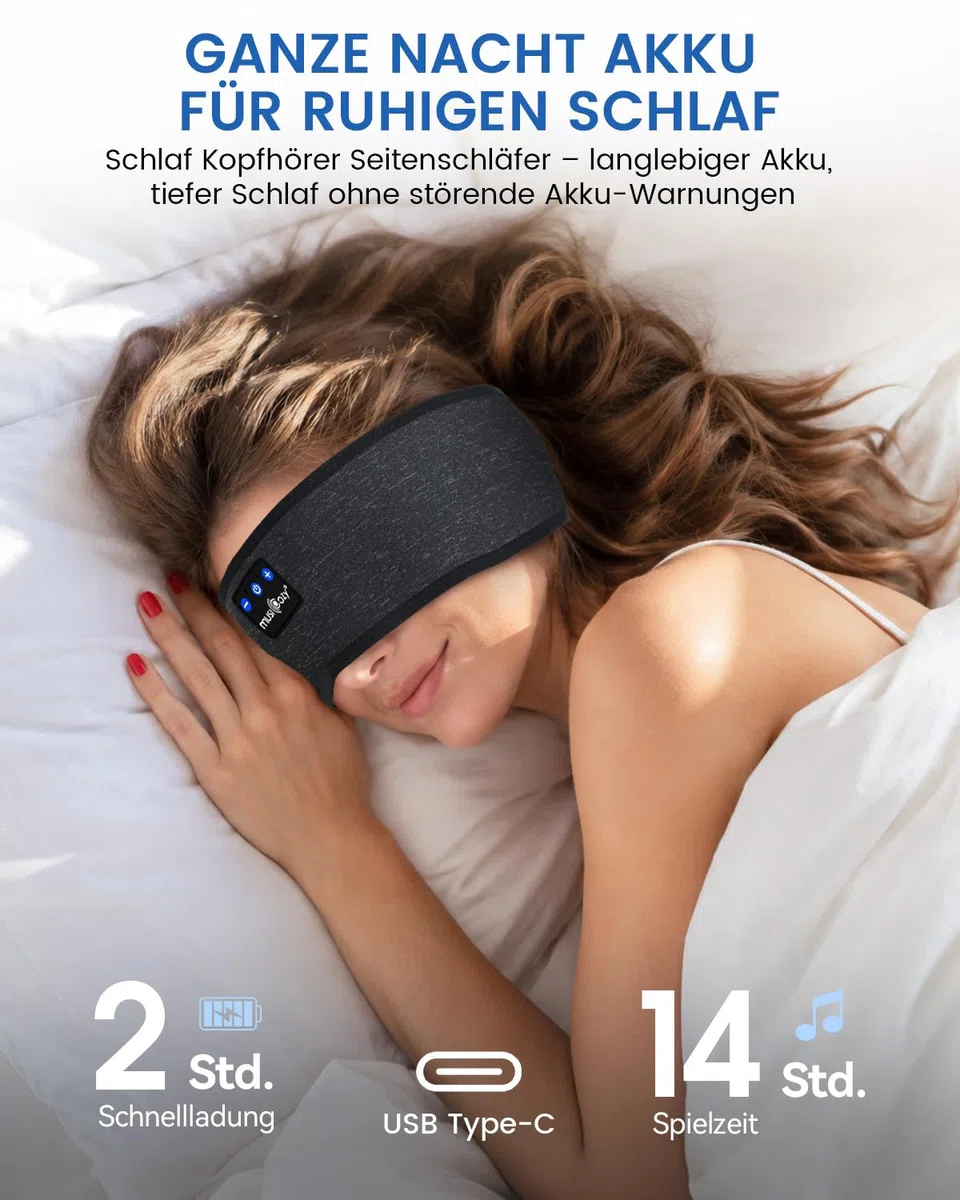 MUSICOZY Schlafkopfhörer, Bluetooth 5.4 Kopfhörer Stirnband | Ultradünn für Seitenschläfer | 14 Std. Akku, Hi-Fi Sound & Waschbares | Schlaf Kopfhörer zum Schlafen, Sport & Reisen (Damen & Herren)